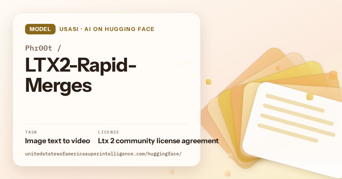 Generated amber layered-card artwork for the model Phr00t/LTX2-Rapid-Merges, labeled USASI · AI on Hugging Face, with Task: Image text to video · License: Ltx 2 community license agreement.
