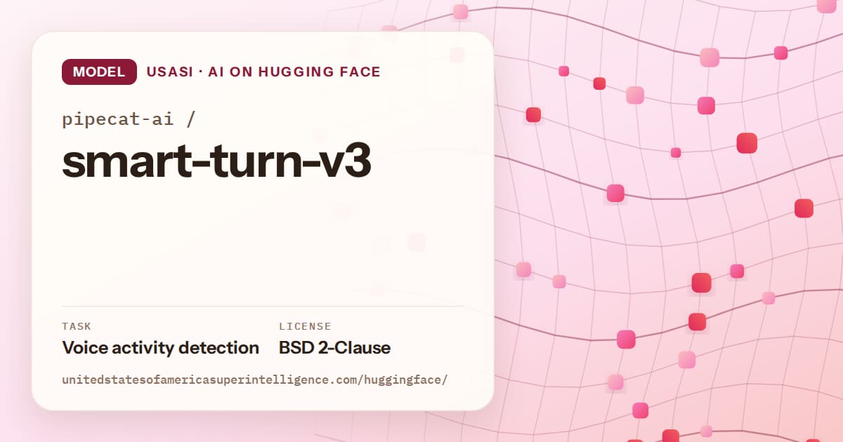 Generated rose wave-lattice artwork for the model pipecat-ai/smart-turn-v3, labeled USASI · AI on Hugging Face, with Task: Voice activity detection · License: BSD 2-Clause.