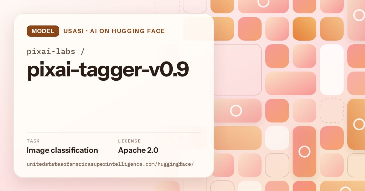 Generated orange tile-mosaic artwork for the model pixai-labs/pixai-tagger-v0.9, labeled USASI · AI on Hugging Face, with Task: Image classification · License: Apache 2.0.