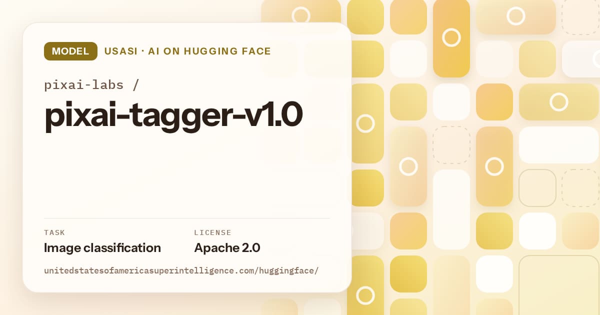 Generated gold tile-mosaic artwork for the model pixai-labs/pixai-tagger-v1.0, labeled USASI · AI on Hugging Face, with Task: Image classification · License: Apache 2.0.