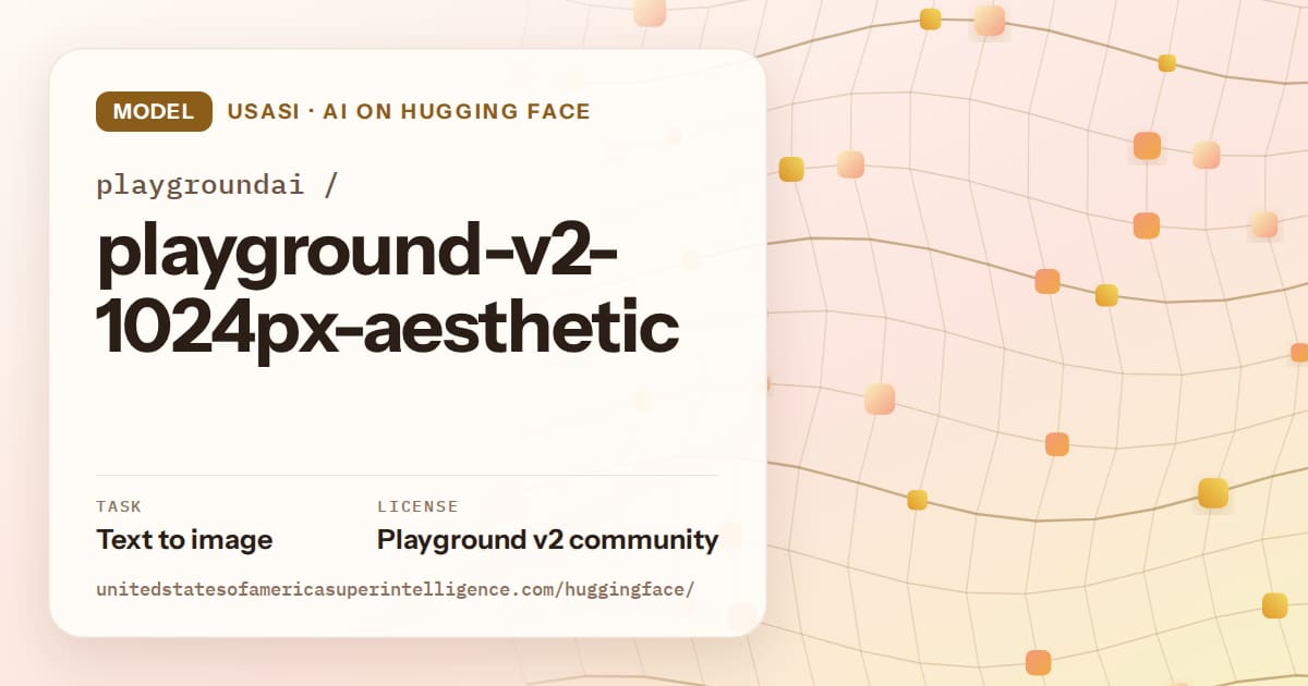 Generated amber wave-lattice artwork for the model playgroundai/playground-v2-1024px-aesthetic, labeled USASI · AI on Hugging Face, with Task: Text to image · License: Playground v2 community.