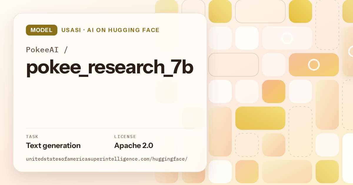 Generated gold tile-mosaic artwork for the model PokeeAI/pokee_research_7b, labeled USASI · AI on Hugging Face, with Task: Text generation · License: Apache 2.0.