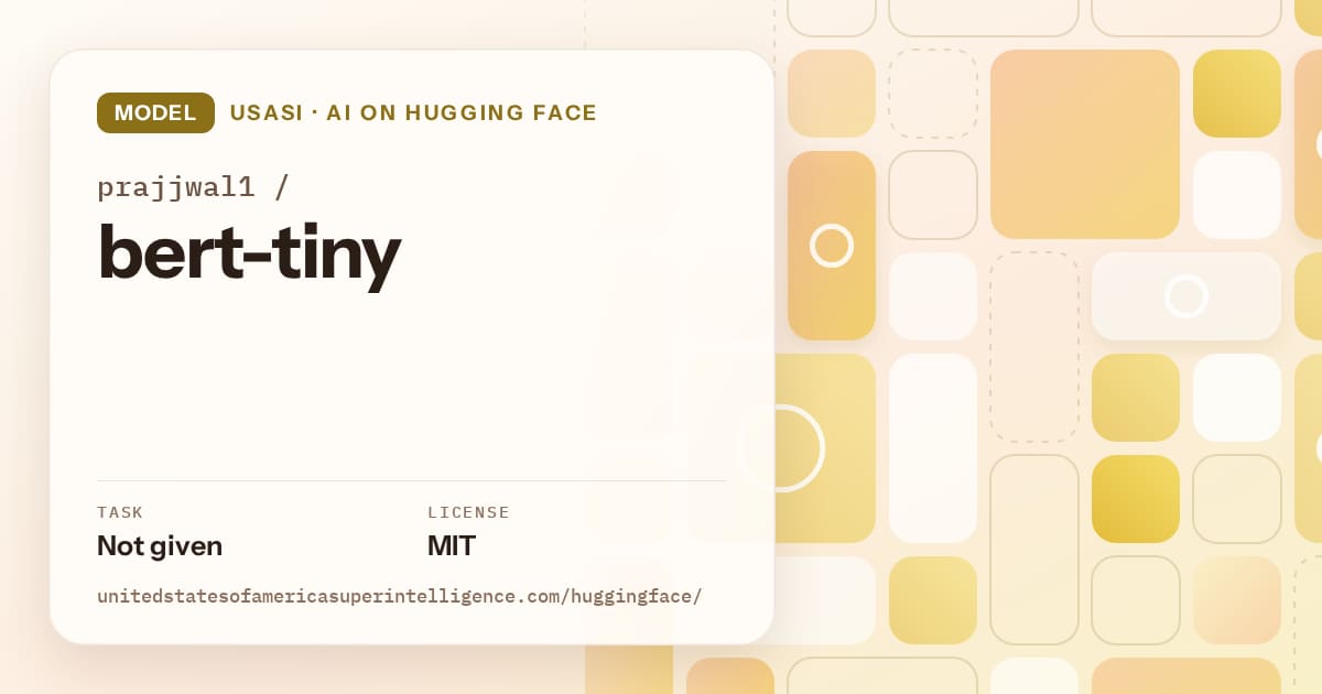 Generated gold tile-mosaic artwork for the model prajjwal1/bert-tiny, labeled USASI · AI on Hugging Face, with Task: Not given · License: MIT.