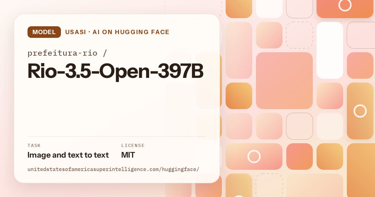 Generated orange tile-mosaic artwork for the model prefeitura-rio/Rio-3.5-Open-397B, labeled USASI · AI on Hugging Face, with Task: Image and text to text · License: MIT.