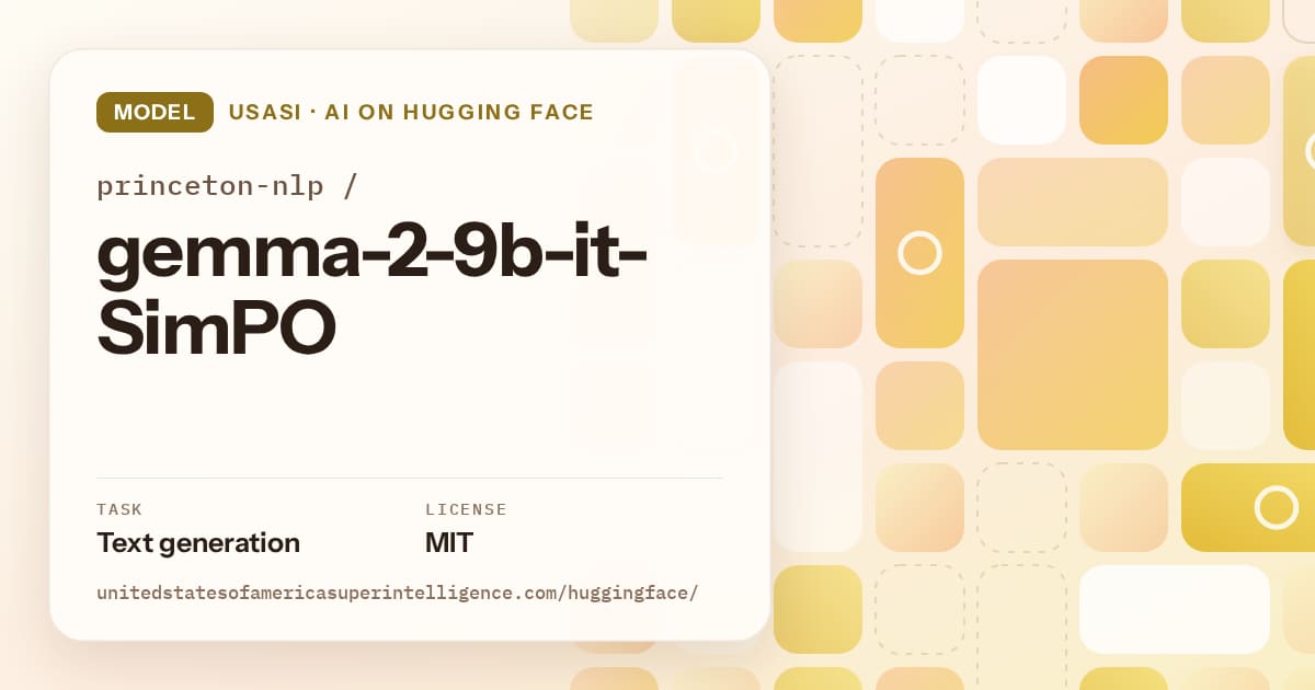 Generated gold tile-mosaic artwork for the model princeton-nlp/gemma-2-9b-it-SimPO, labeled USASI · AI on Hugging Face, with Task: Text generation · License: MIT.