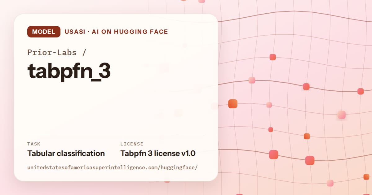 Generated tangerine wave-lattice artwork for the model Prior-Labs/tabpfn_3, labeled USASI · AI on Hugging Face, with Task: Tabular classification · License: Tabpfn 3 license v1.0.