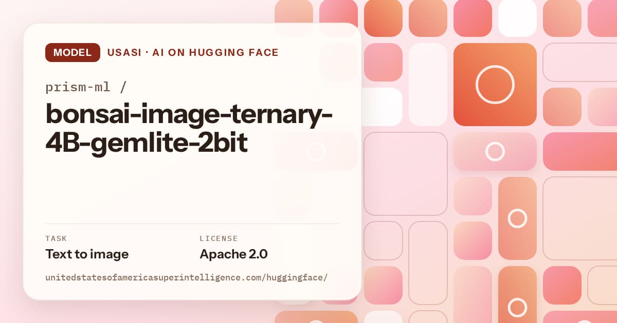 Generated coral tile-mosaic artwork for the model prism-ml/bonsai-image-ternary-4B-gemlite-2bit, labeled USASI · AI on Hugging Face, with Task: Text to image · License: Apache 2.0.