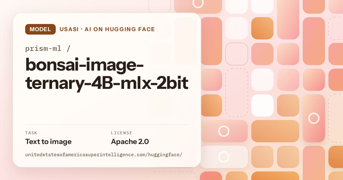 Generated orange tile-mosaic artwork for the model prism-ml/bonsai-image-ternary-4B-mlx-2bit, labeled USASI · AI on Hugging Face, with Task: Text to image · License: Apache 2.0.