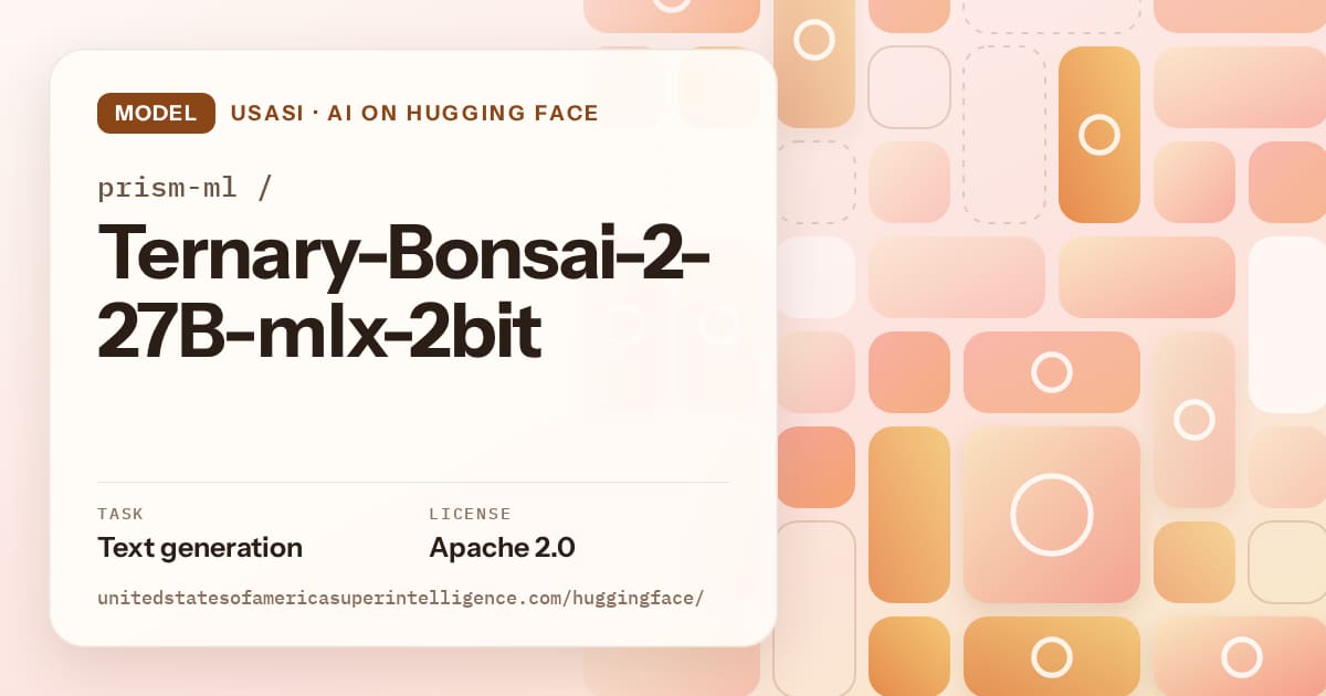 Generated orange tile-mosaic artwork for the model prism-ml/Ternary-Bonsai-2-27B-mlx-2bit, labeled USASI · AI on Hugging Face, with Task: Text generation · License: Apache 2.0.