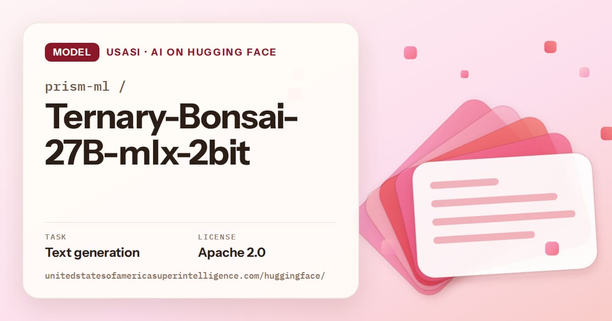 Generated coral layered-card artwork for the model prism-ml/Ternary-Bonsai-27B-mlx-2bit, labeled USASI · AI on Hugging Face, with Task: Text generation · License: Apache 2.0.
