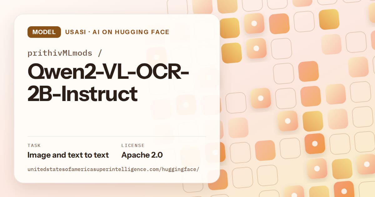Generated orange rounded-tile grid artwork for the model prithivMLmods/Qwen2-VL-OCR-2B-Instruct, labeled USASI · AI on Hugging Face, with Task: Image and text to text · License: Apache 2.0.