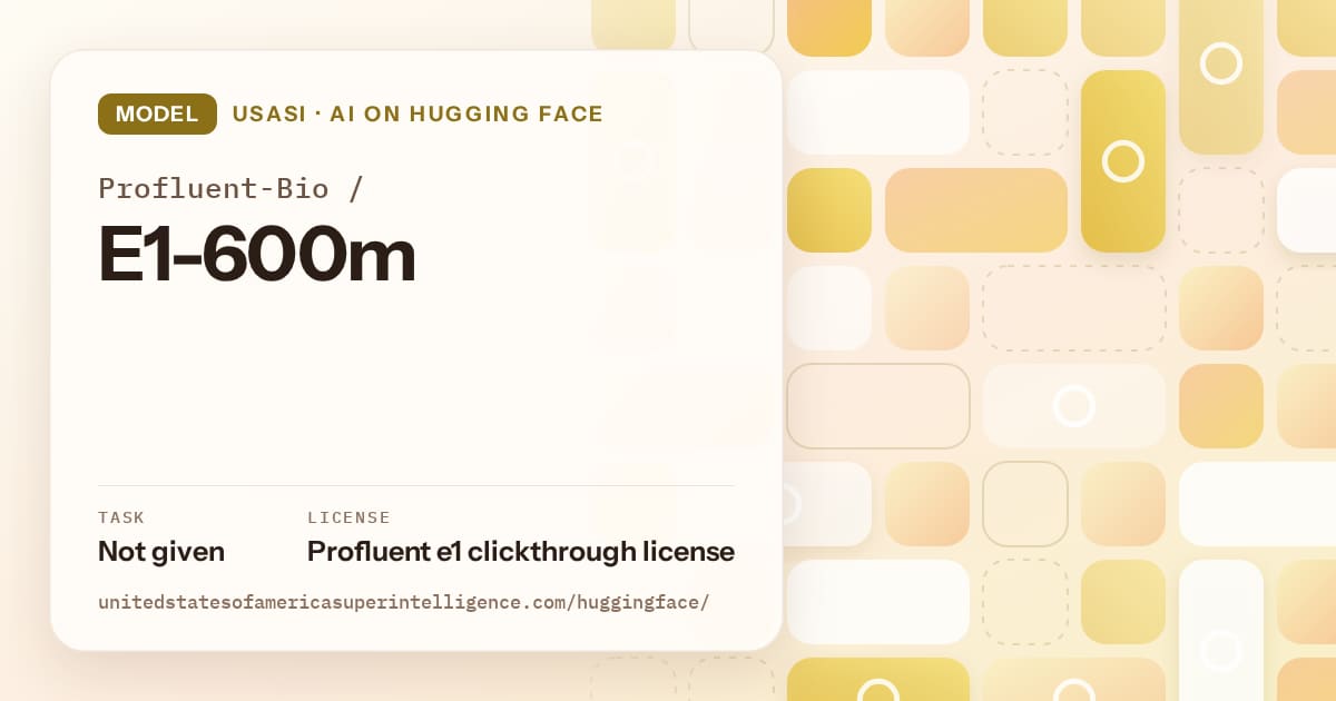 Generated gold tile-mosaic artwork for the model Profluent-Bio/E1-600m, labeled USASI · AI on Hugging Face, with Task: Not given · License: Profluent e1 clickthrough license.