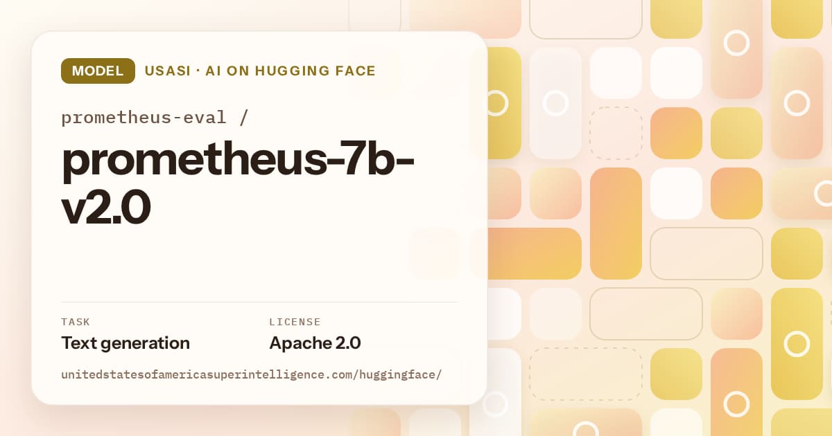 Generated gold tile-mosaic artwork for the model prometheus-eval/prometheus-7b-v2.0, labeled USASI · AI on Hugging Face, with Task: Text generation · License: Apache 2.0.