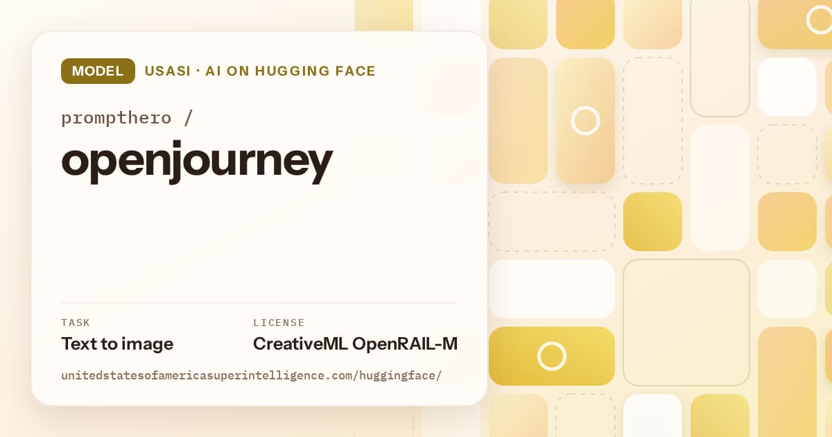 Generated gold tile-mosaic artwork for the model prompthero/openjourney, labeled USASI · AI on Hugging Face, with Task: Text to image · License: CreativeML OpenRAIL-M.