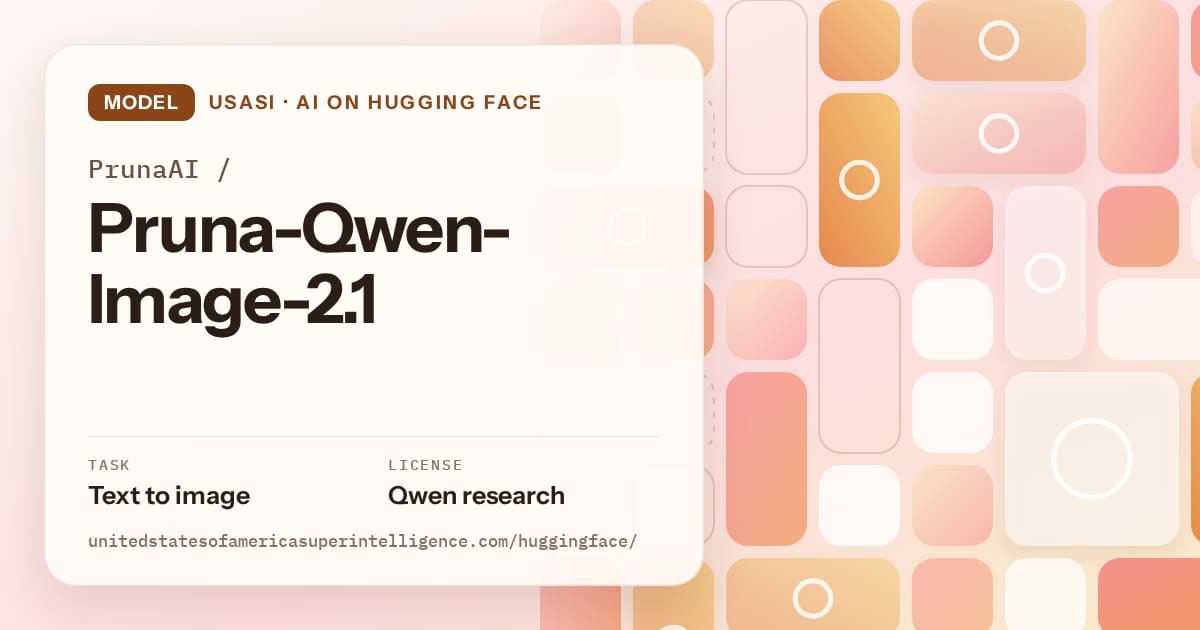 Generated orange tile-mosaic artwork for the model PrunaAI/Pruna-Qwen-Image-2.1, labeled USASI · AI on Hugging Face, with Task: Text to image · License: Qwen research.