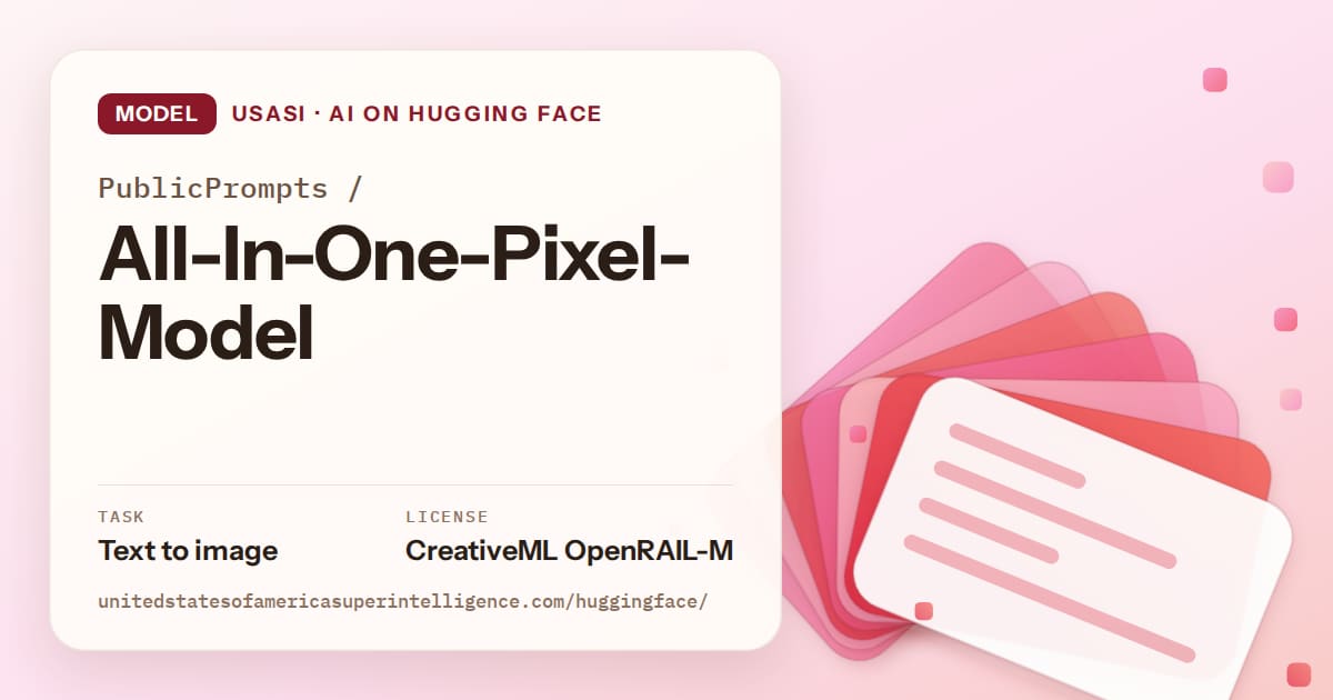 Generated coral layered-card artwork for the model PublicPrompts/All-In-One-Pixel-Model, labeled USASI · AI on Hugging Face, with Task: Text to image · License: CreativeML OpenRAIL-M.