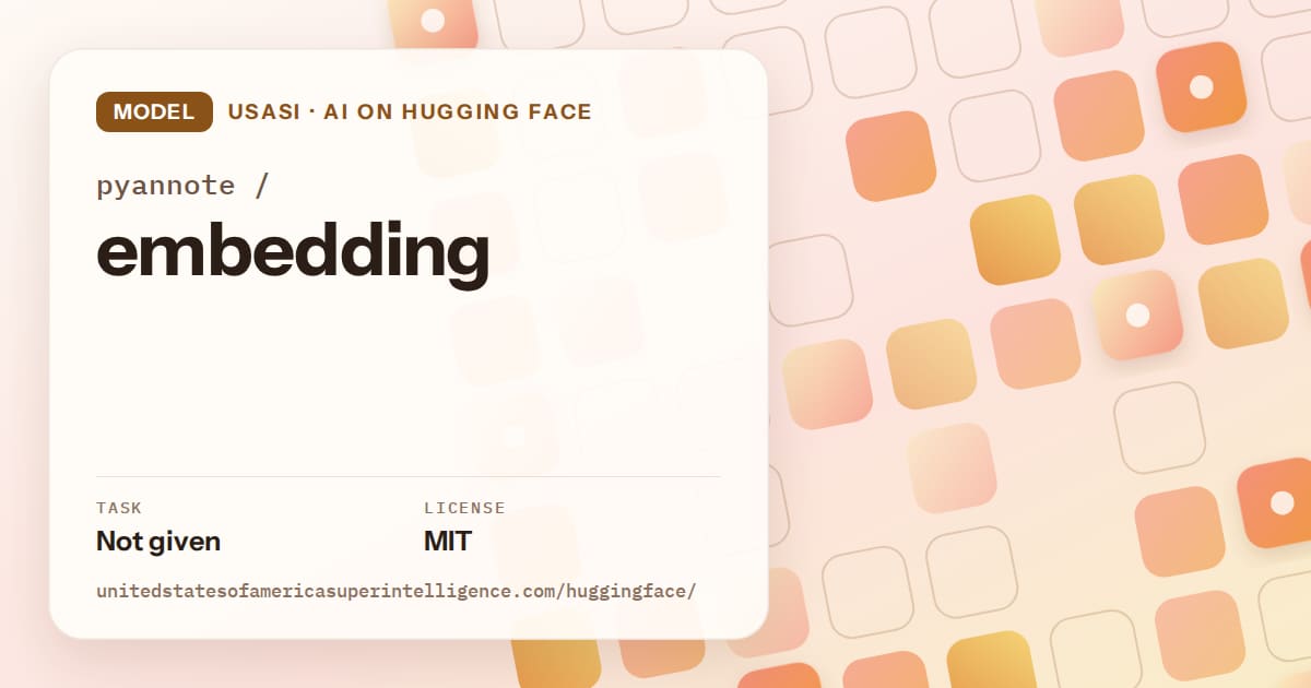 Generated orange rounded-tile grid artwork for the model pyannote/embedding, labeled USASI · AI on Hugging Face, with Task: Not given · License: MIT.