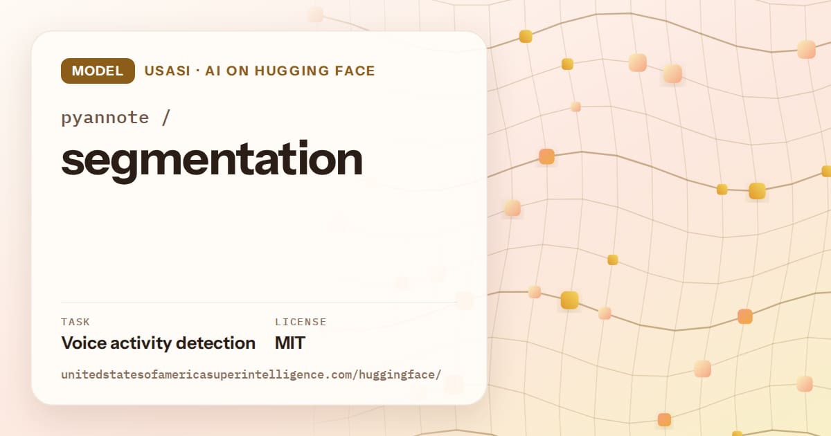 Generated amber wave-lattice artwork for the model pyannote/segmentation, labeled USASI · AI on Hugging Face, with Task: Voice activity detection · License: MIT.