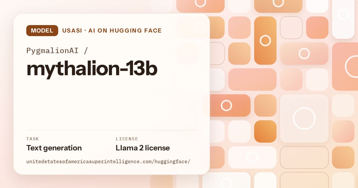 Generated orange tile-mosaic artwork for the model PygmalionAI/mythalion-13b, labeled USASI · AI on Hugging Face, with Task: Text generation · License: Llama 2 license.