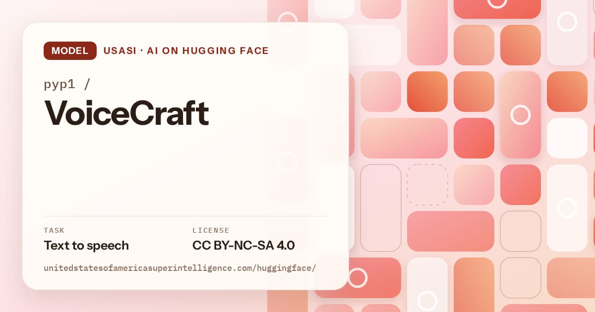 Generated coral tile-mosaic artwork for the model pyp1/VoiceCraft, labeled USASI · AI on Hugging Face, with Task: Text to speech · License: CC BY-NC-SA 4.0.
