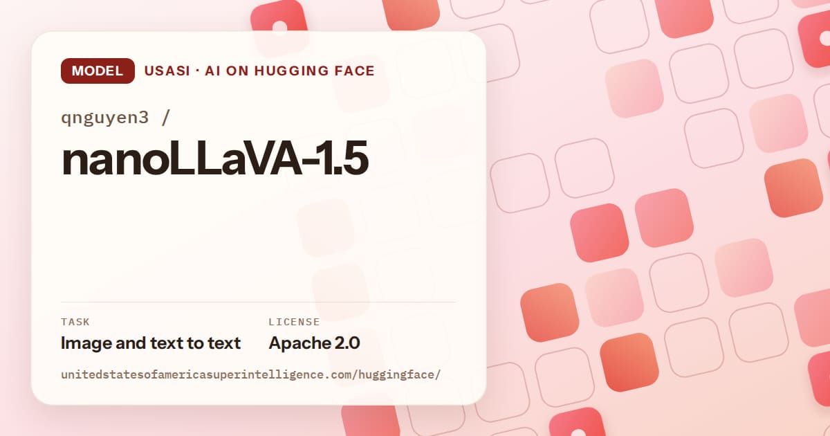 Generated coral rounded-tile grid artwork for the model qnguyen3/nanoLLaVA-1.5, labeled USASI · AI on Hugging Face, with Task: Image and text to text · License: Apache 2.0.
