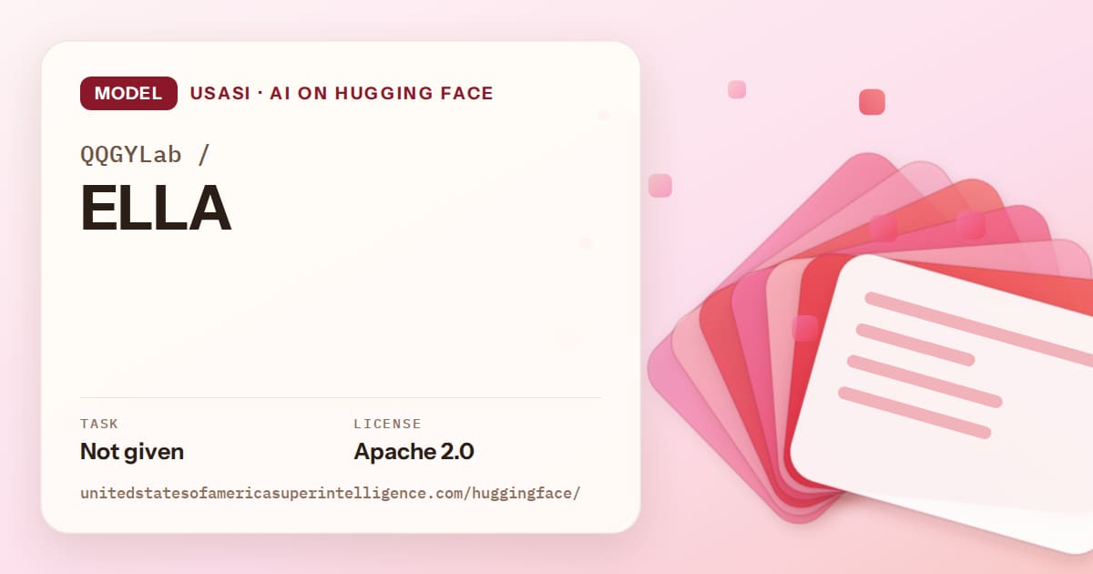 Generated coral layered-card artwork for the model QQGYLab/ELLA, labeled USASI · AI on Hugging Face, with Task: Not given · License: Apache 2.0.