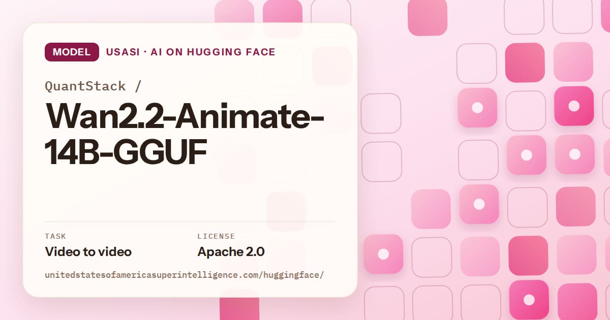 Generated rose rounded-tile grid artwork for the model QuantStack/Wan2.2-Animate-14B-GGUF, labeled USASI · AI on Hugging Face, with Task: Video to video · License: Apache 2.0.