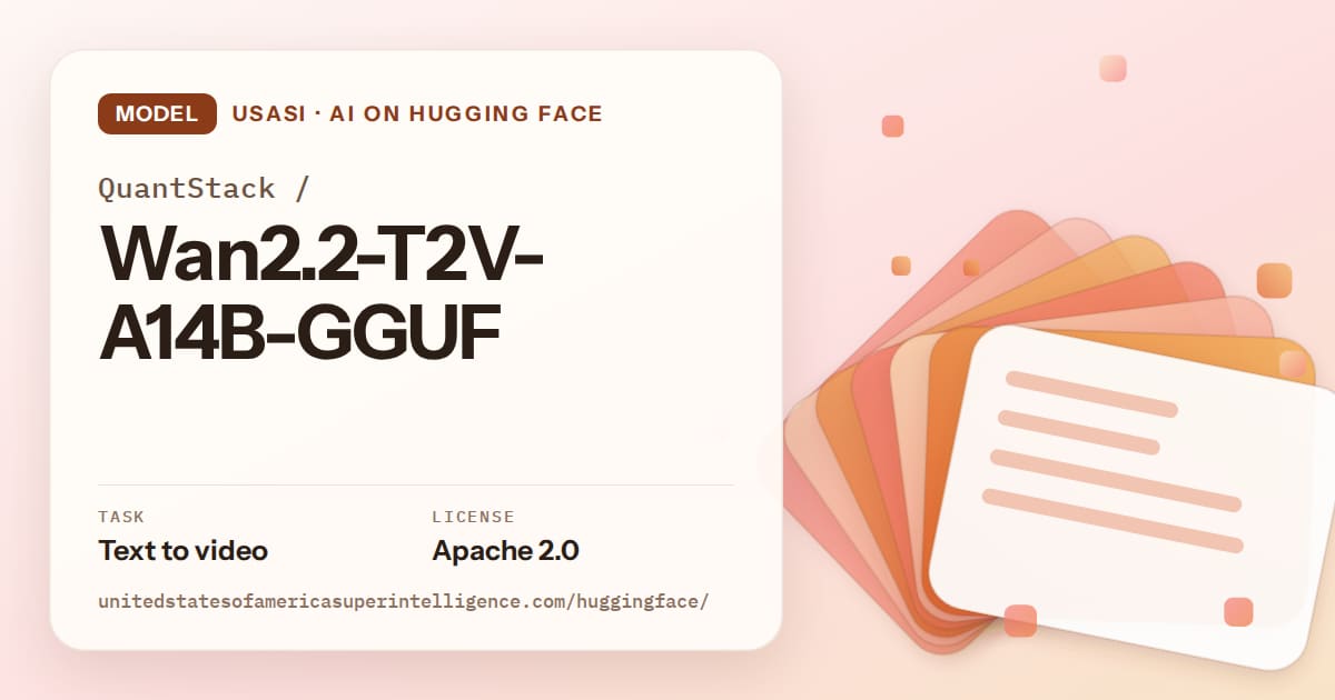 Generated tangerine layered-card artwork for the model QuantStack/Wan2.2-T2V-A14B-GGUF, labeled USASI · AI on Hugging Face, with Task: Text to video · License: Apache 2.0.