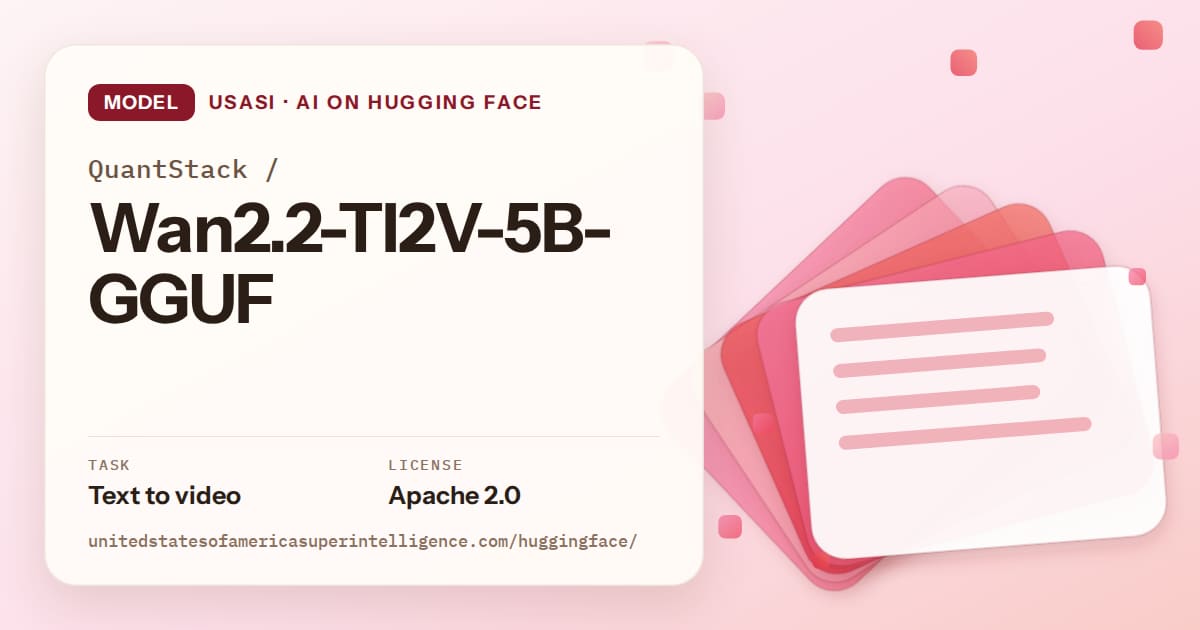 Generated coral layered-card artwork for the model QuantStack/Wan2.2-TI2V-5B-GGUF, labeled USASI · AI on Hugging Face, with Task: Text to video · License: Apache 2.0.