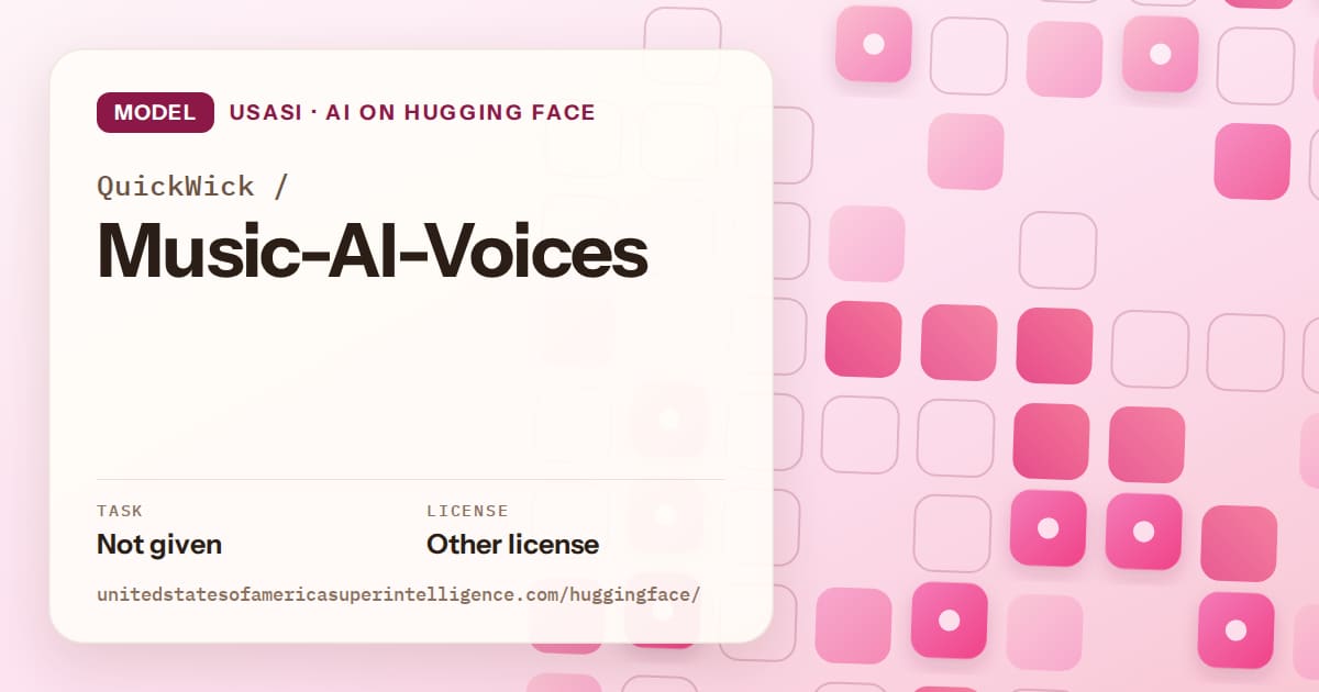 Generated rose rounded-tile grid artwork for the model QuickWick/Music-AI-Voices, labeled USASI · AI on Hugging Face, with Task: Not given · License: Other license.