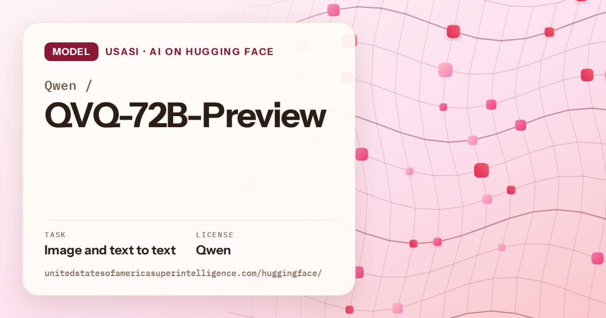 Generated rose wave-lattice artwork for the model Qwen/QVQ-72B-Preview, labeled USASI · AI on Hugging Face, with Task: Image and text to text · License: Qwen.
