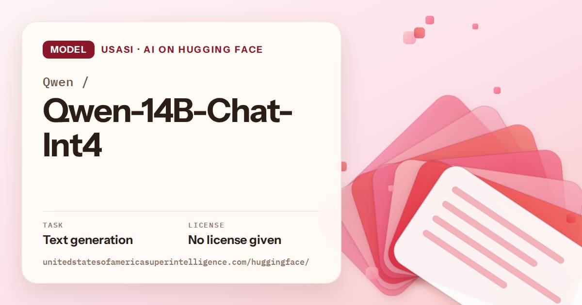 Generated coral layered-card artwork for the model Qwen/Qwen-14B-Chat-Int4, labeled USASI · AI on Hugging Face, with Task: Text generation · License: No license given.