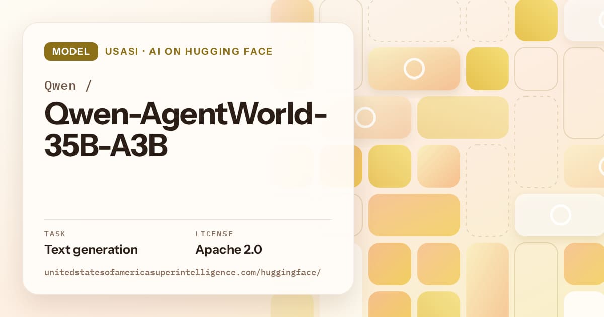 Generated gold tile-mosaic artwork for the model Qwen/Qwen-AgentWorld-35B-A3B, labeled USASI · AI on Hugging Face, with Task: Text generation · License: Apache 2.0.