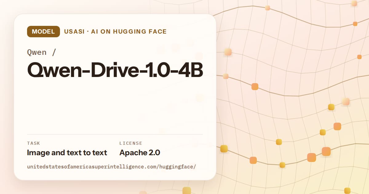 Generated amber wave-lattice artwork for the model Qwen/Qwen-Drive-1.0-4B, labeled USASI · AI on Hugging Face, with Task: Image and text to text · License: Apache 2.0.