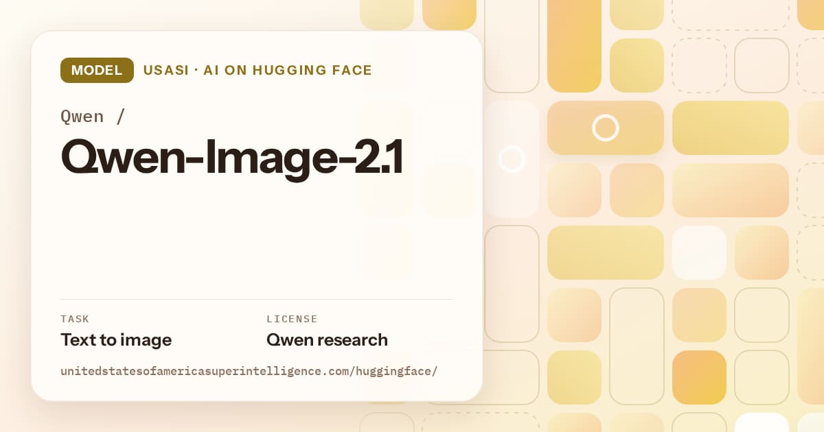 Generated gold tile-mosaic artwork for the model Qwen/Qwen-Image-2.1, labeled USASI · AI on Hugging Face, with Task: Text to image · License: Qwen research.