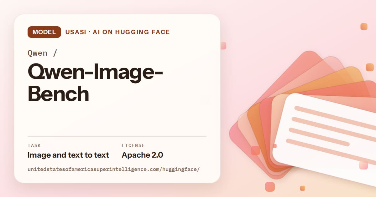 Generated tangerine layered-card artwork for the model Qwen/Qwen-Image-Bench, labeled USASI · AI on Hugging Face, with Task: Image and text to text · License: Apache 2.0.