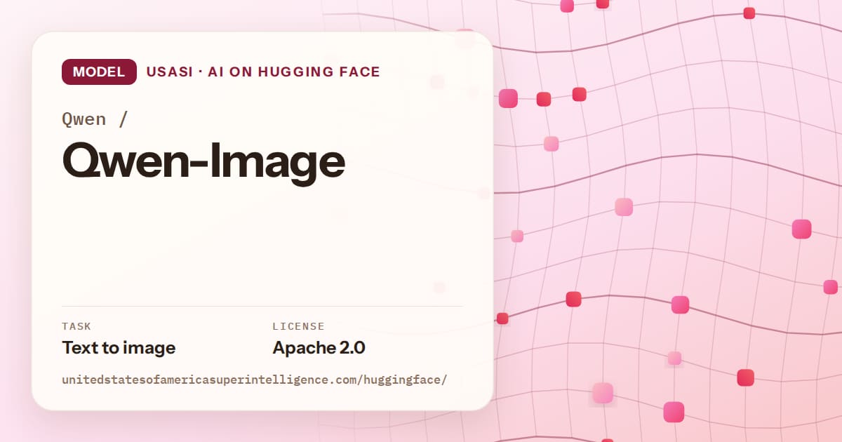 Generated rose wave-lattice artwork for the model Qwen/Qwen-Image, labeled USASI · AI on Hugging Face, with Task: Text to image · License: Apache 2.0.