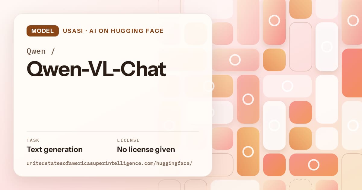 Generated orange tile-mosaic artwork for the model Qwen/Qwen-VL-Chat, labeled USASI · AI on Hugging Face, with Task: Text generation · License: No license given.
