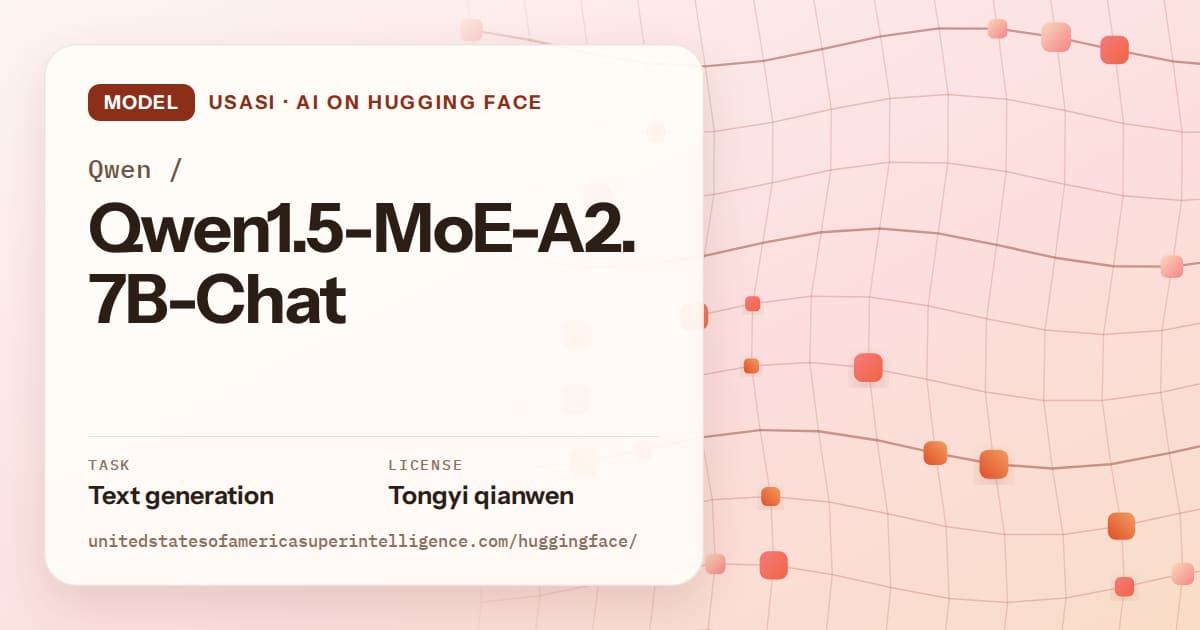 Generated tangerine wave-lattice artwork for the model Qwen/Qwen1.5-MoE-A2.7B-Chat, labeled USASI · AI on Hugging Face, with Task: Text generation · License: Tongyi qianwen.