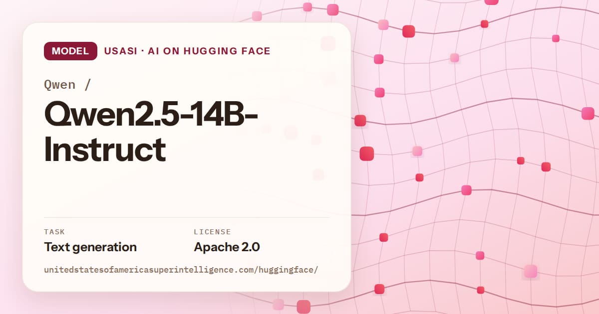 Generated rose wave-lattice artwork for the model Qwen/Qwen2.5-14B-Instruct, labeled USASI · AI on Hugging Face, with Task: Text generation · License: Apache 2.0.
