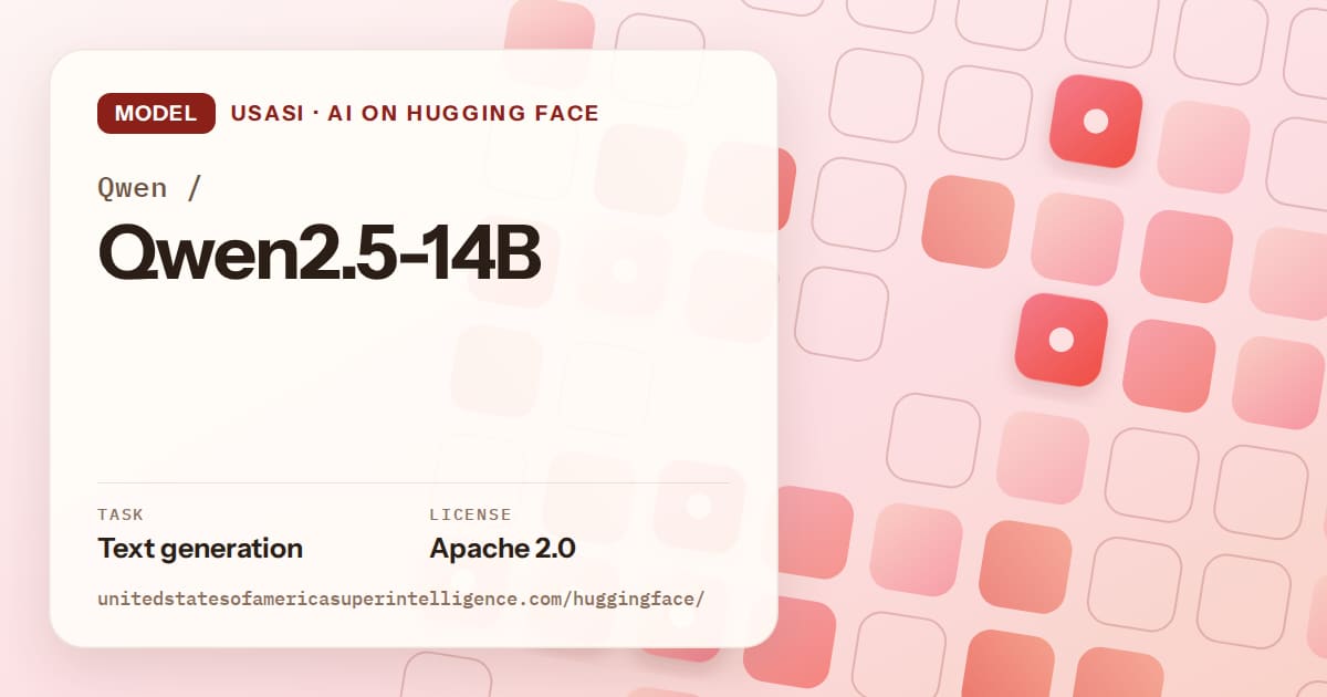 Generated coral rounded-tile grid artwork for the model Qwen/Qwen2.5-14B, labeled USASI · AI on Hugging Face, with Task: Text generation · License: Apache 2.0.