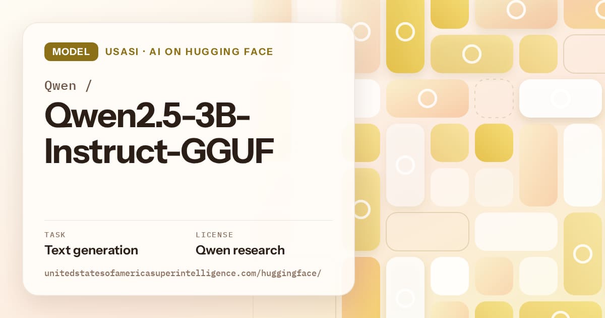 Generated gold tile-mosaic artwork for the model Qwen/Qwen2.5-3B-Instruct-GGUF, labeled USASI · AI on Hugging Face, with Task: Text generation · License: Qwen research.
