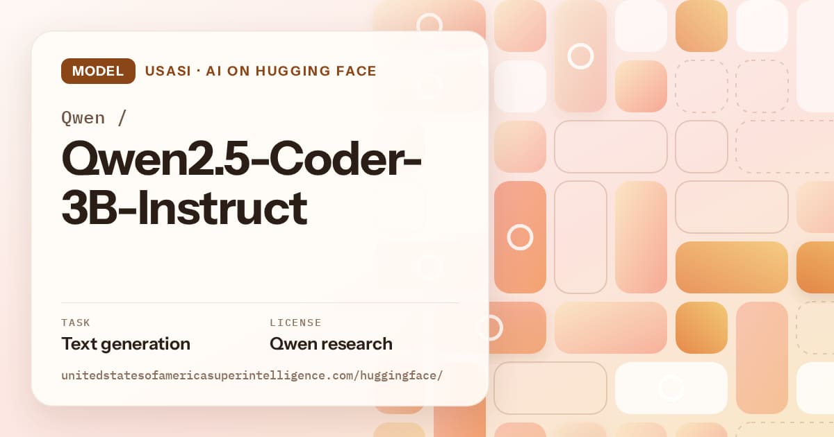 Generated orange tile-mosaic artwork for the model Qwen/Qwen2.5-Coder-3B-Instruct, labeled USASI · AI on Hugging Face, with Task: Text generation · License: Qwen research.