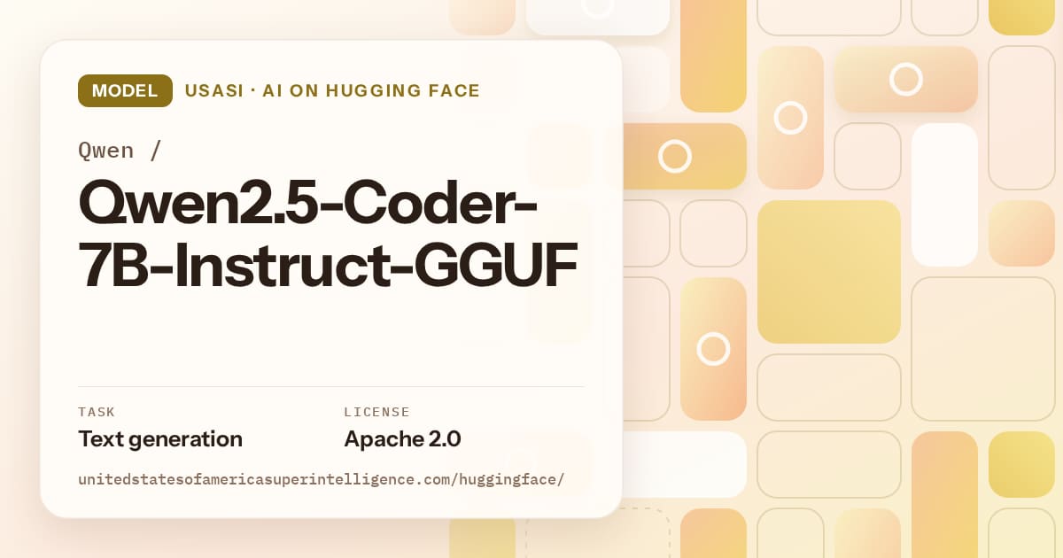 Generated gold tile-mosaic artwork for the model Qwen/Qwen2.5-Coder-7B-Instruct-GGUF, labeled USASI · AI on Hugging Face, with Task: Text generation · License: Apache 2.0.
