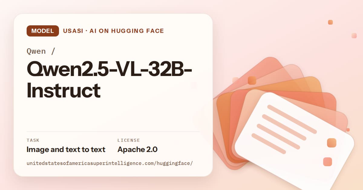 Generated tangerine layered-card artwork for the model Qwen/Qwen2.5-VL-32B-Instruct, labeled USASI · AI on Hugging Face, with Task: Image and text to text · License: Apache 2.0.