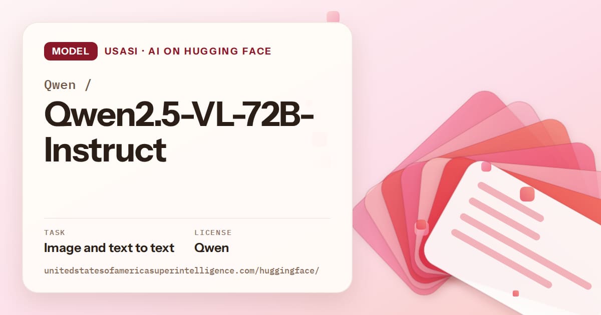 Generated coral layered-card artwork for the model Qwen/Qwen2.5-VL-72B-Instruct, labeled USASI · AI on Hugging Face, with Task: Image and text to text · License: Qwen.