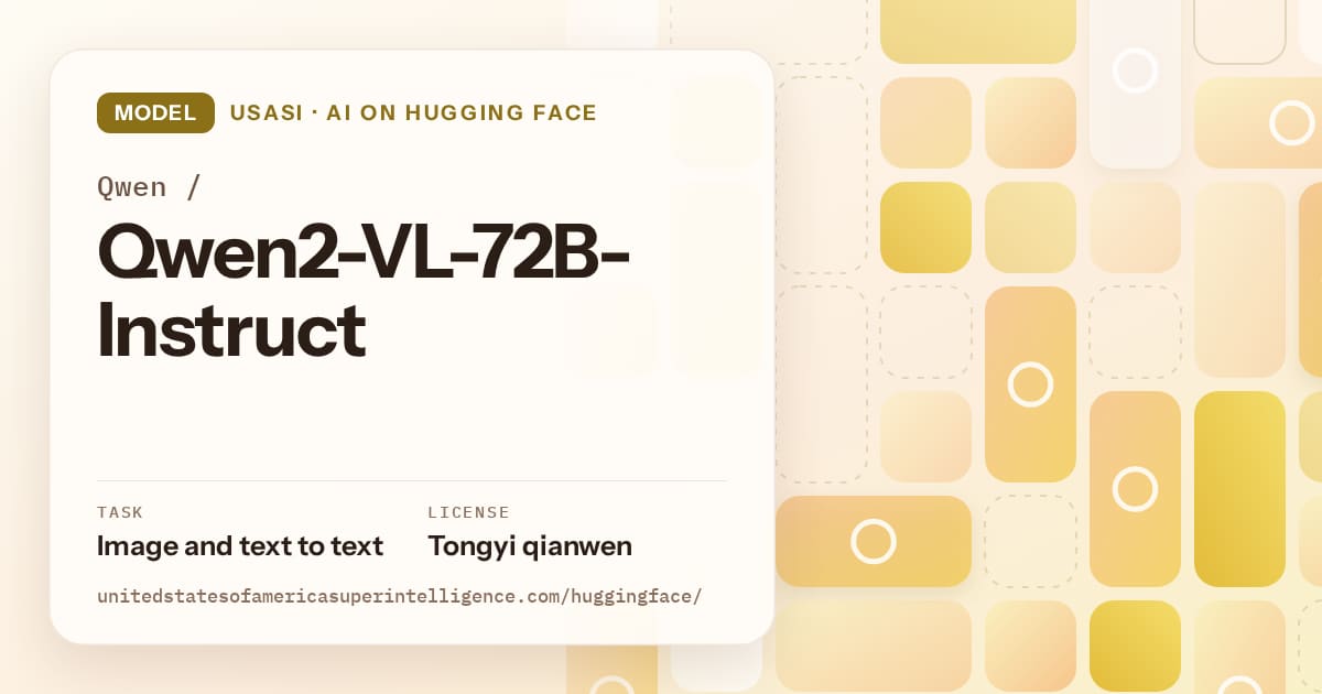 Generated gold tile-mosaic artwork for the model Qwen/Qwen2-VL-72B-Instruct, labeled USASI · AI on Hugging Face, with Task: Image and text to text · License: Tongyi qianwen.