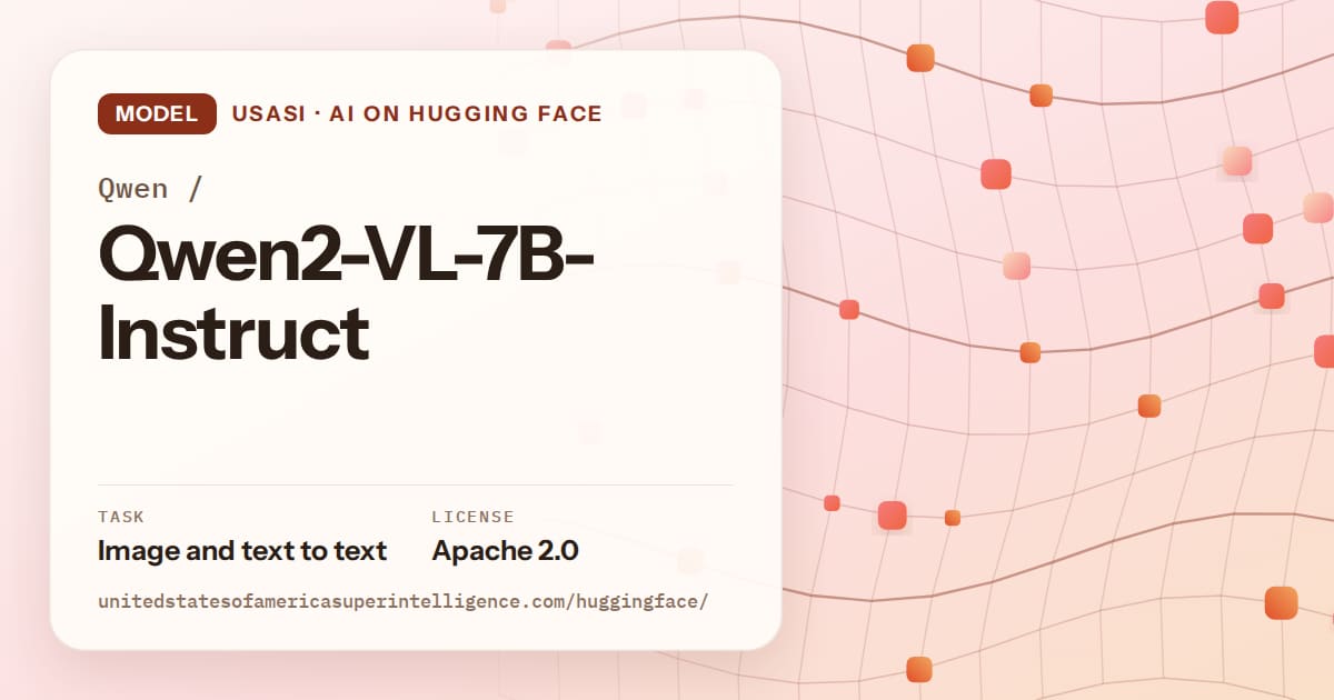 Generated tangerine wave-lattice artwork for the model Qwen/Qwen2-VL-7B-Instruct, labeled USASI · AI on Hugging Face, with Task: Image and text to text · License: Apache 2.0.