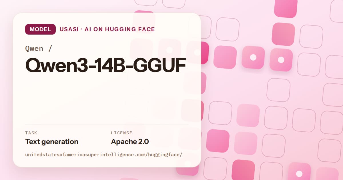 Generated rose rounded-tile grid artwork for the model Qwen/Qwen3-14B-GGUF, labeled USASI · AI on Hugging Face, with Task: Text generation · License: Apache 2.0.