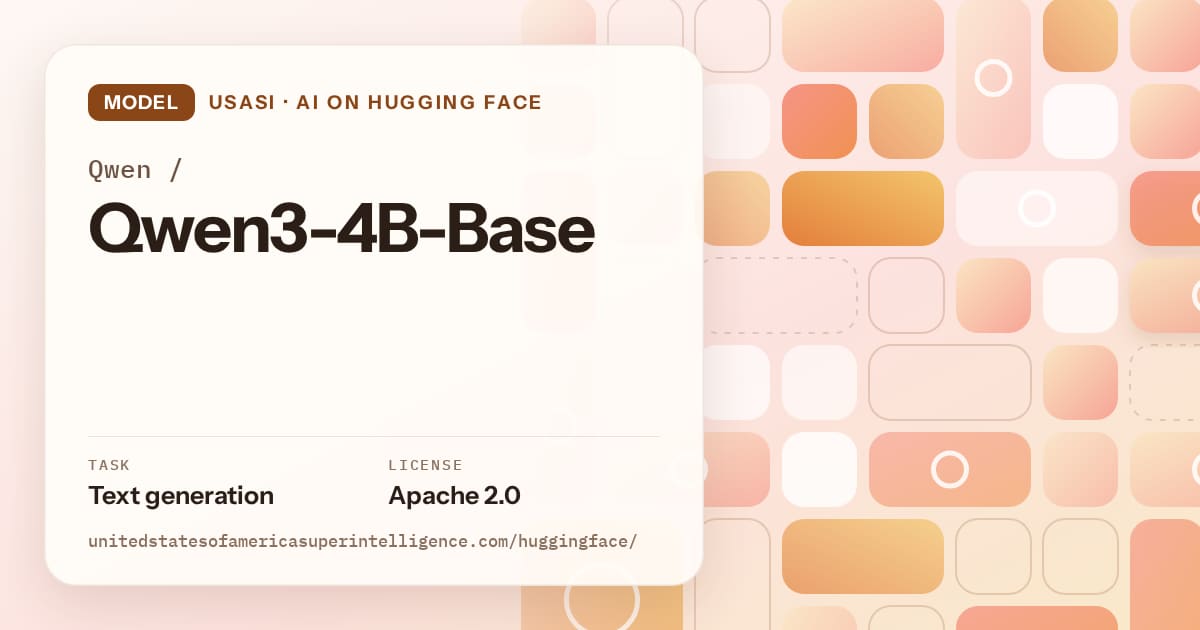 Generated orange tile-mosaic artwork for the model Qwen/Qwen3-4B-Base, labeled USASI · AI on Hugging Face, with Task: Text generation · License: Apache 2.0.